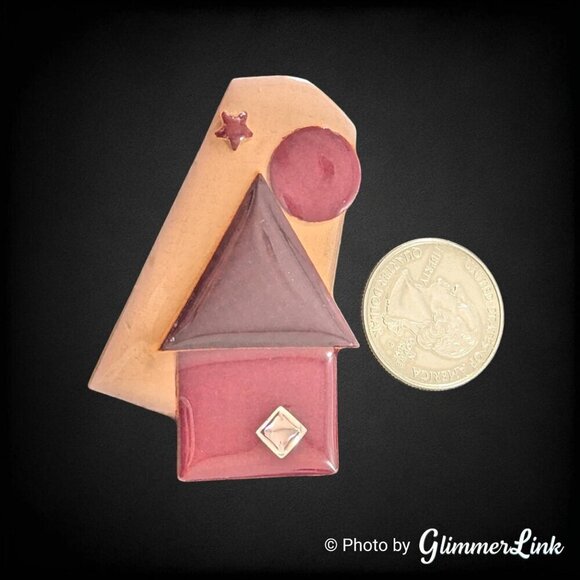 VTG Lucinda Red Brown House Square Rhinestone Moon Star Mixed Media Brooch Pin - Picture 4 of 7